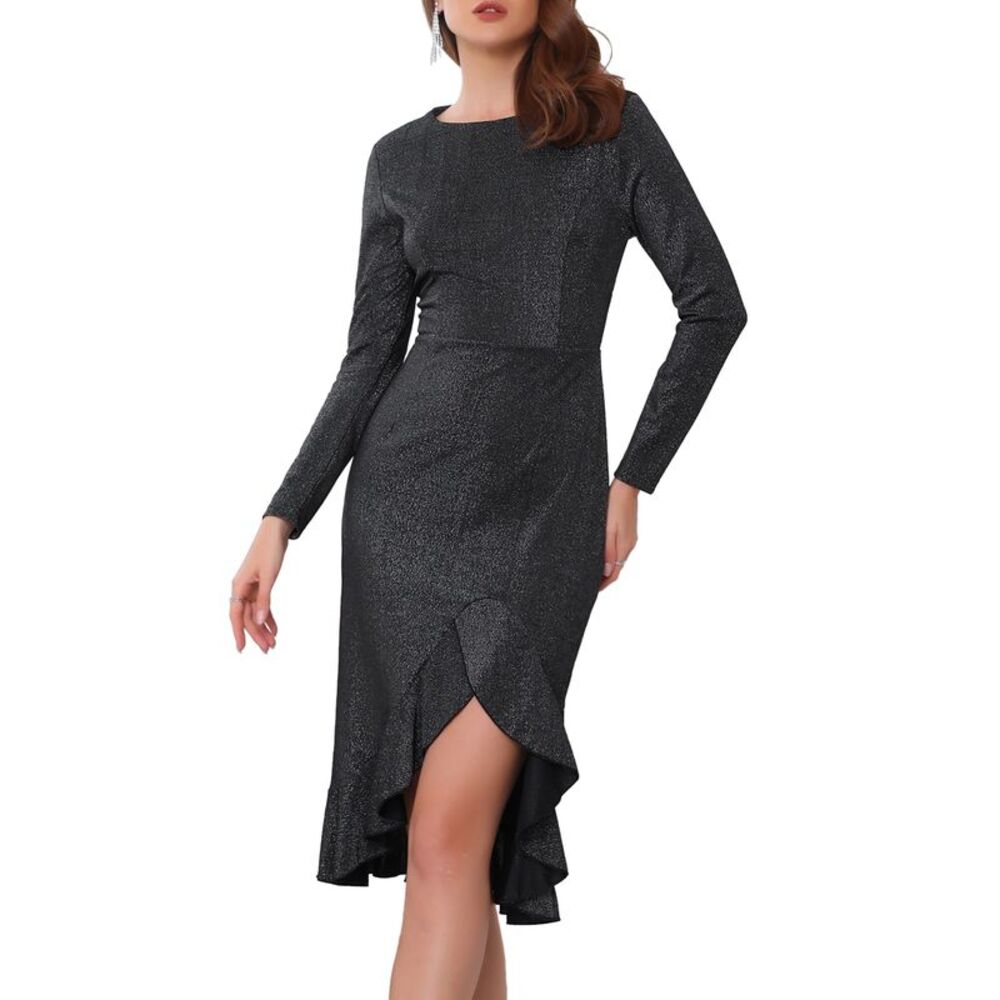 Glitter Party Crew Neck Long Sleeve Ruffles High Low Split Dress Black